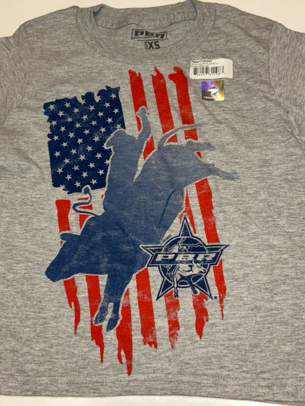 PBR Kids' Short Sleeve Tee - Gray with Red & Blue Rodeo Flag Graphic